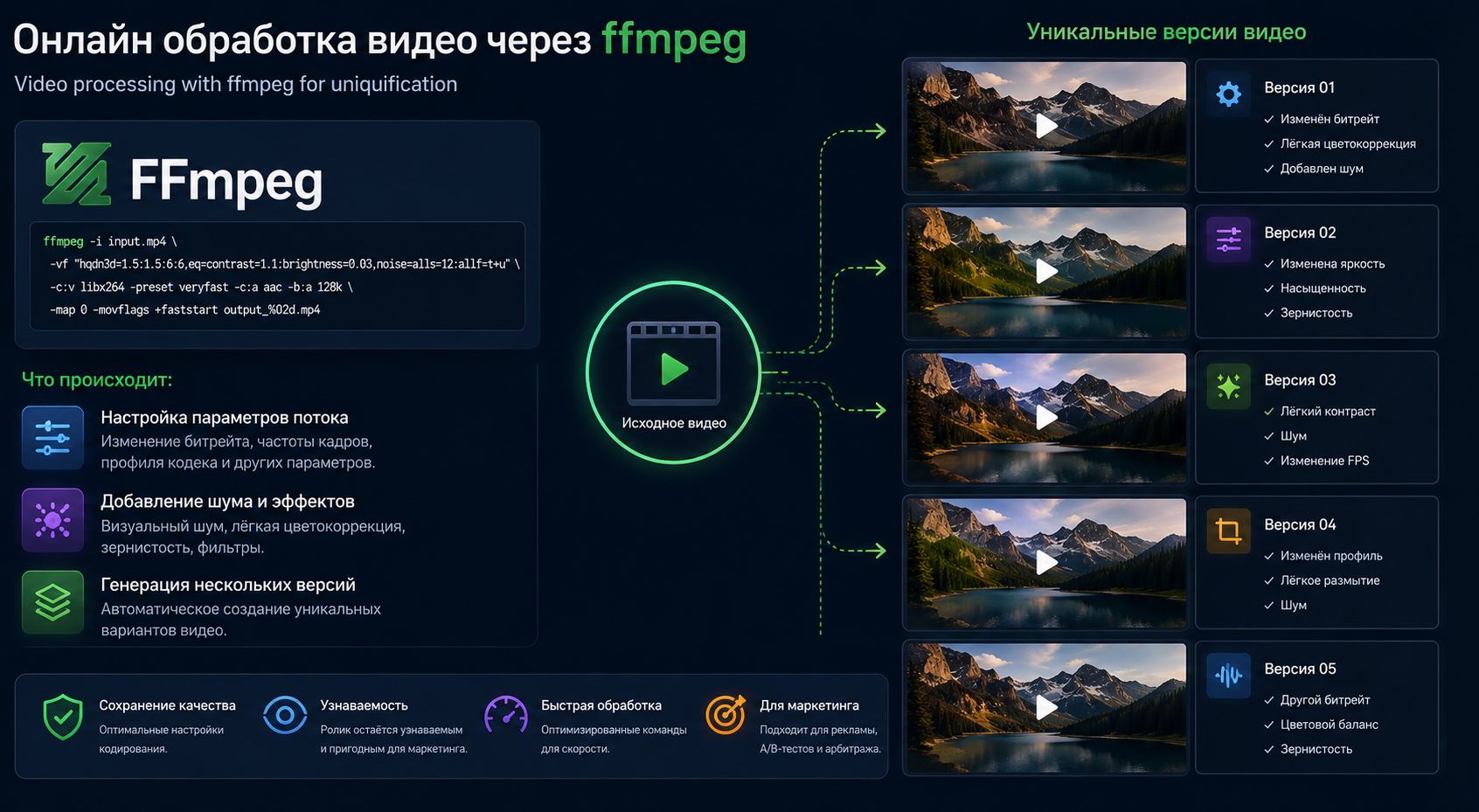 Video processing with ffmpeg for uniquification